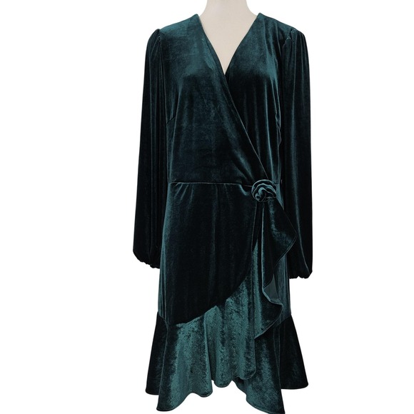 Melonie T Velvet Dress Women 18 Emerald Green Asymmetrical Ruffle Hem Party - Picture 1 of 11